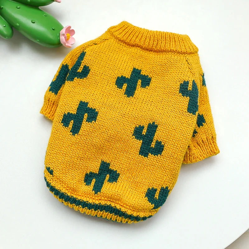 Dog Autumn Turmeric Cactus Sweater - Warm Pullover - Elastic Knitted Sweater