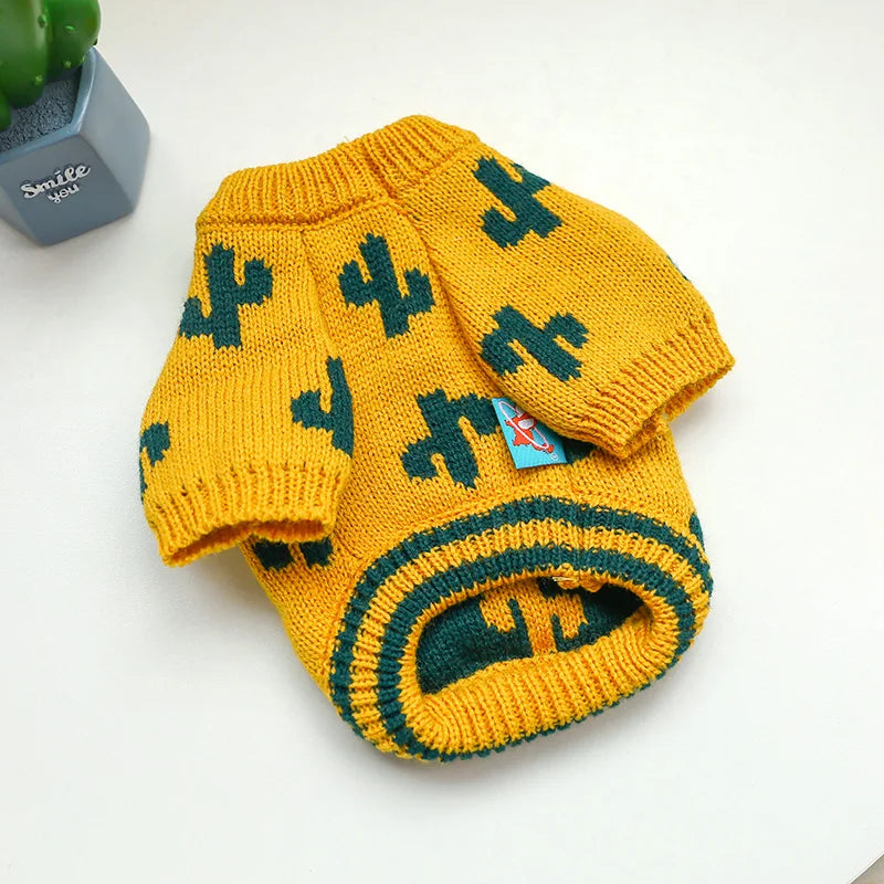 Dog Autumn Turmeric Cactus Sweater - Warm Pullover - Elastic Knitted Sweater
