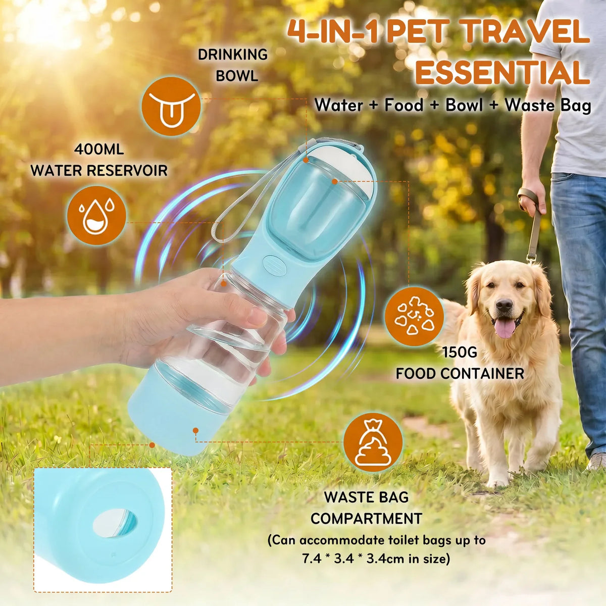 4-In-1 Portable Pet Water Bottle - Portable Pet Water Food Cup